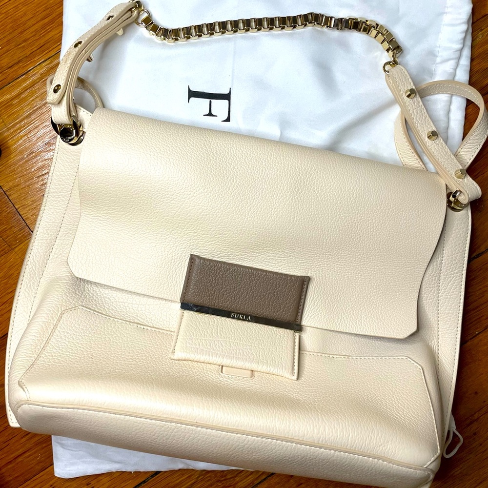 Furla Leather Beige Chain Strap Crossbody Bag